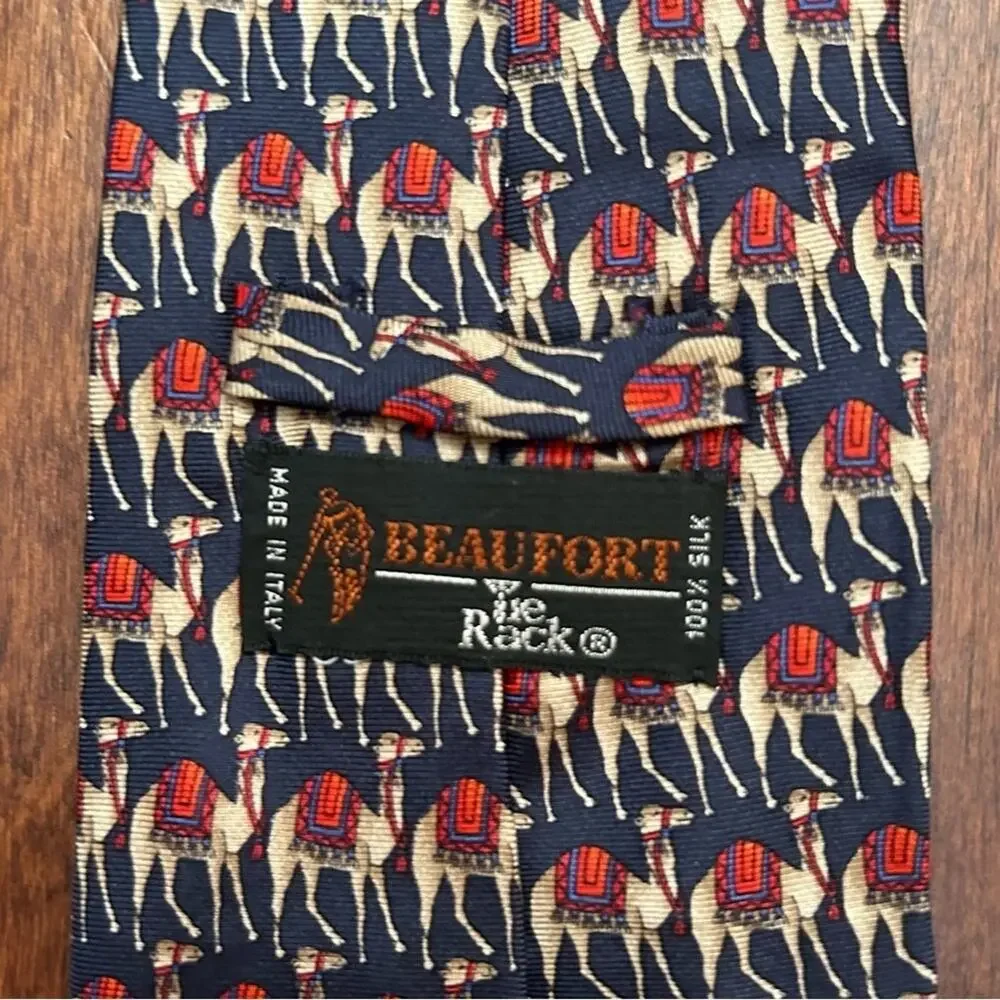 Awesome Camel Tie, 100% Silk and Made in Italy, Blue and Red, Beaufort Tie Rack
